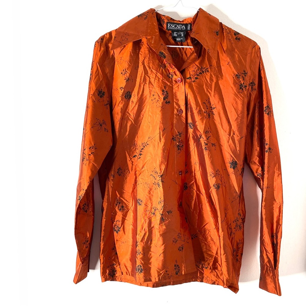 ESCADA Margaretha Ley Silk Floral Blouse Copper Black Button Vintage Luxury
